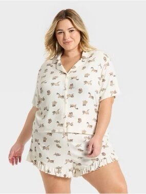 Wild Fable Cute cream + brown cat print pajama set Size XXL
